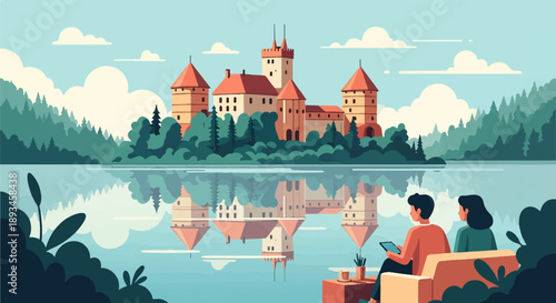 Couple enjoys tranquil lake reflection of fairytale castle