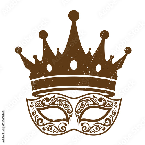 Vintage Grunge texture Brown crown and masquerade mask icon for party and carnival theme  royal and mysterious symbol