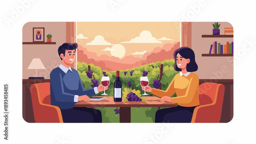 Couple enjoys wine tasting at a vineyard during sunset, with cozy indoor seating