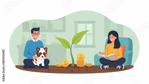 Couple planting money for future growth in comfortable home with pet