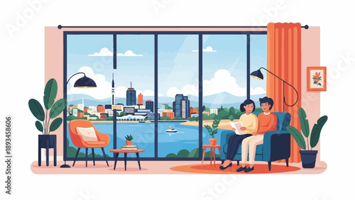 Couple reading a book in a cozy apartment with a city skyline view