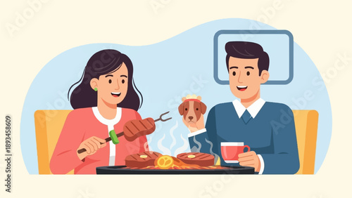 Couple grilling steaks and enjoying a meal with their pet dog