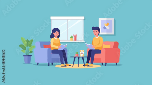 Couple reading books in cozy room with dog and plant