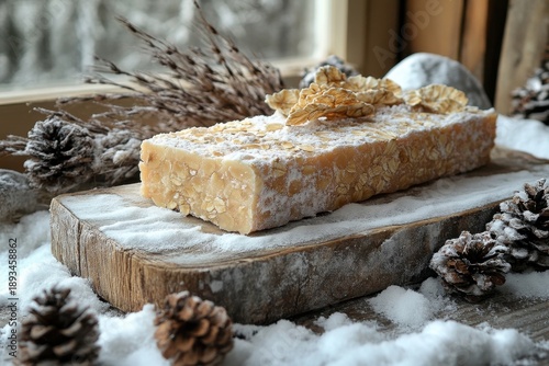 Piece of bread on wooden board.