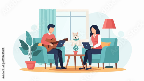 Couple relaxing at home with pet and laptops, playing guitar