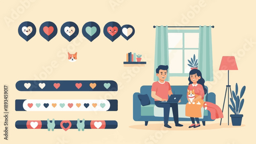 Couple relaxing at home with dog, browsing on laptops