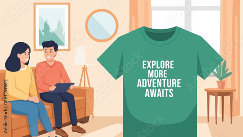 Couple relaxing at home with t-shirt displaying adventure slogan