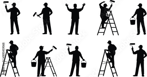 Professional painter silhouettes set, house painting workers with roller ladder bucket, construction maintenance service, isolated black figures illustration collection