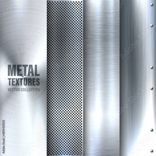 Realistic metal banners. Brushed steel or aluminium plate. Polished metal surface. Old grunge texture with scratches. Vector illustration