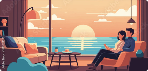 Couple relaxing in a cozy room overlooking a serene ocean sunset