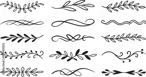 Minimalist hand drawn floral borders and leaf branches for wedding invitation design