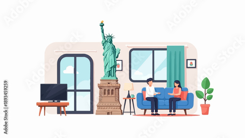 Couple relaxing in a living room with a Statue of Liberty replica