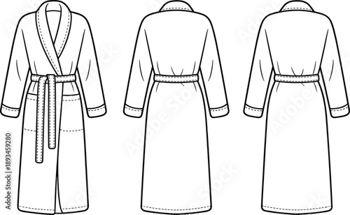 Women shawl collar bathrobe, cad drawing, flat vector illustration, technical fashion loungewear front back view outline garment template