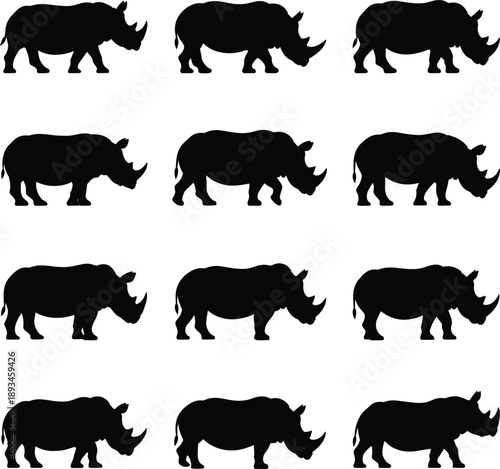 Flat vector illustration of rhinoceros silhouettes set, wild animal rhino poses isolated on white background