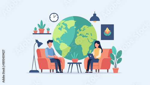 Couple relaxing in cozy living room with globe, plants, art and lamp