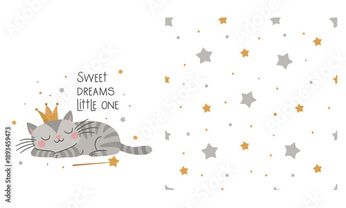 A set of vector prints for printing on children's products. A cute striped kitten sleeps in a crown next to a magic wand. Seamless vector pattern with stars. Vector illustration