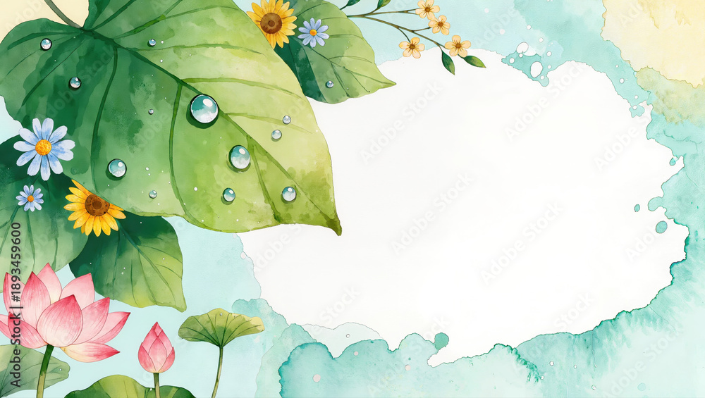 Naklejka premium Watercolor summer floral background with lotus flowers, green leaves and space for text, botanical nature frame design