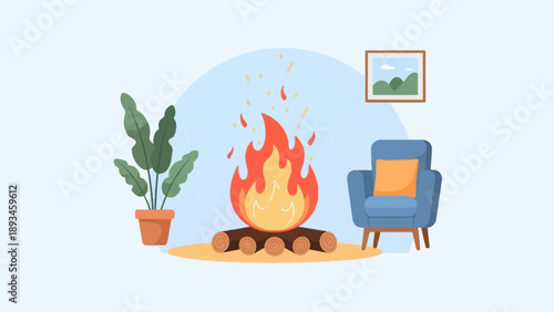 Cozy indoor scene with a crackling fire, a blue armchair, and a plant