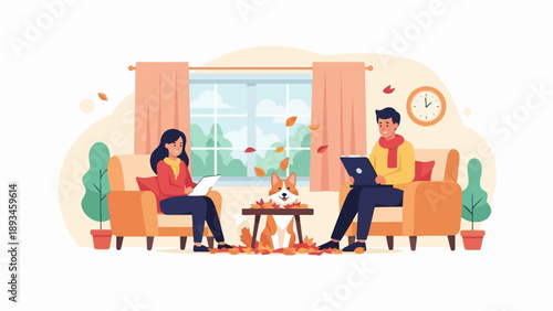 Couple relaxing with their dog amidst autumn leaves in a cozy room