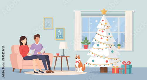 Couple relaxing indoors by Christmas tree with pet dog and presents