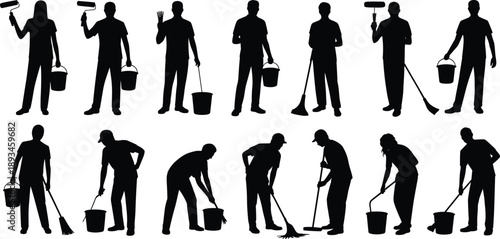 Cleaning worker silhouette collection with janitor tools, bucket mop broom poses, professional housekeeping staff, isolated black figures, flat vector illustration