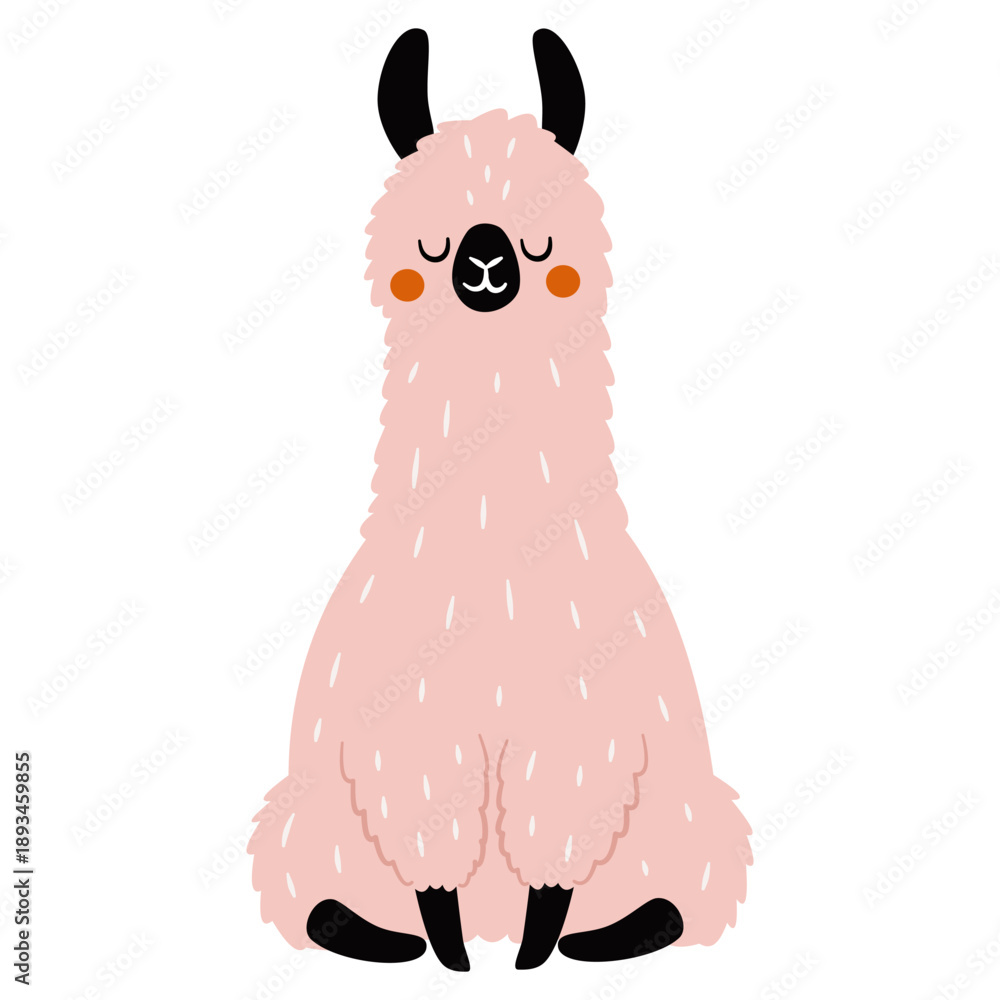 Fototapeta premium Flat vector illustration in a simple children's style. A cute pink llama sits with its eyes closed in a relaxed pose. Vector illustration
