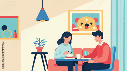 Couple shares a meal in a cozy room with dog art