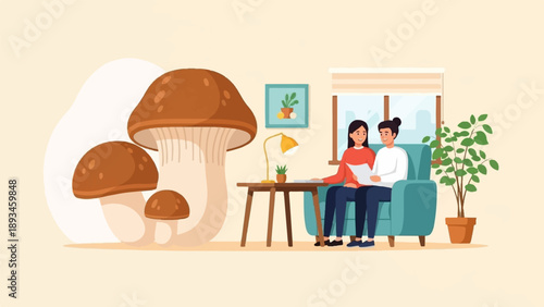 Cozy indoor scene with giant mushrooms, people on couch, and a plant