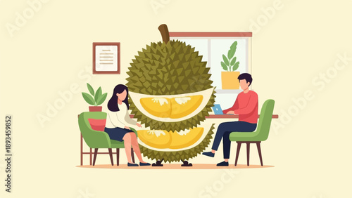 Couple sharing a giant durian in a home office setting