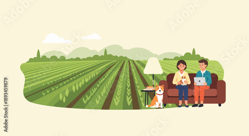 Couple with dog on couch enjoys view of vast green farmland with rolling hills