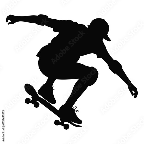 silhouette of skateboarder performing trick airborne with protective gear knee pads elbow pads on transparent background for extreme sports and urban culture