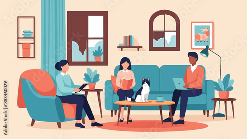 Cozy indoor scene with people relaxing and a cat on a sofa