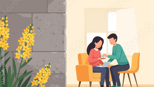 Couple sharing a moment with a laptop and drinks near flowers