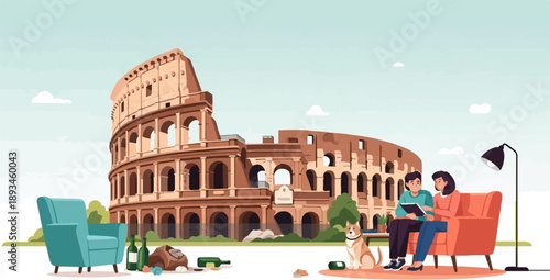 Couple with dog relax near ancient Roman amphitheater, surrounded by bottles and debris