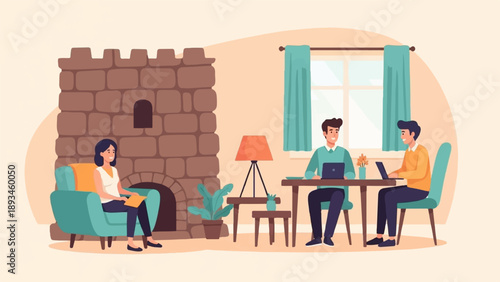 Cozy indoor scene with people working and relaxing by a fireplace