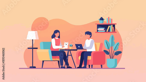 Couple sharing a table with laptop, cat, and plant in a modern living room