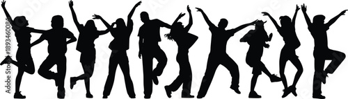 Dancing people silhouettes jumping together celebration rhythm movement joy freedom party lifestyle black flat vector illustration set