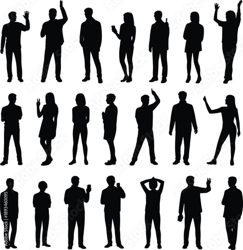 People silhouette collection showing waving, greeting, standing and communication gestures, men and women figures isolated on white background