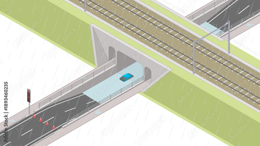 Fototapeta premium アイソメトリック図法で描いた冠水したアンダーパスのイメージ / Flooded underpass. Isometric illustration
