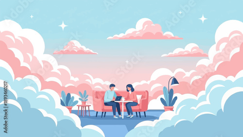 Couple working on laptops while sitting on a sofa amidst clouds