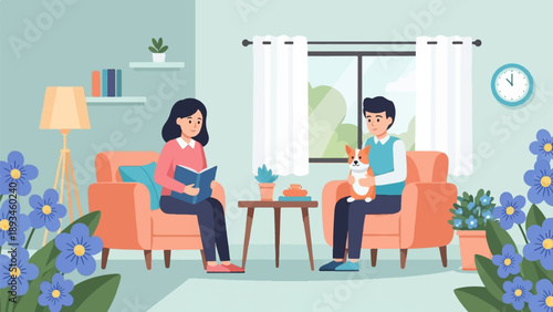 Couple with dog relaxing indoors, reading and petting, surrounded by flowers