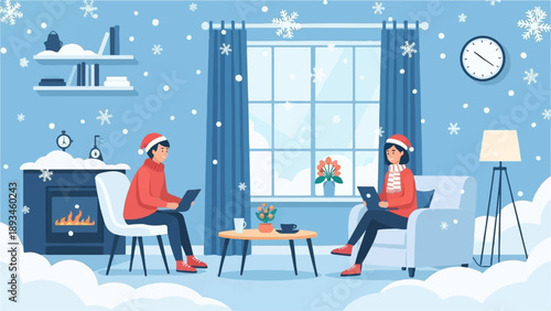 Cozy indoor scene with two people working on laptops amidst falling snow
