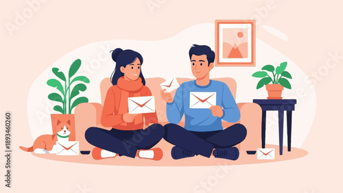 Couple sitting on a sofa with envelopes and a cat