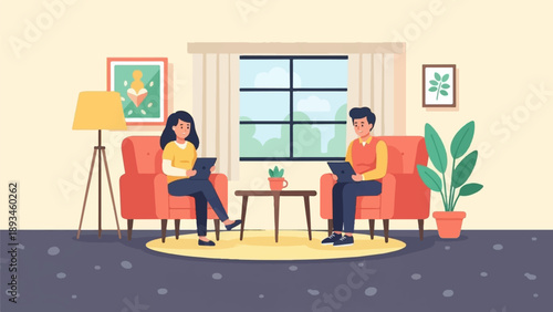 Couple sitting in chairs using laptops in a room