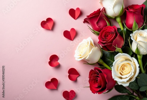 Valentine’s Day floral decoration with red and white roses, romantic but simple style