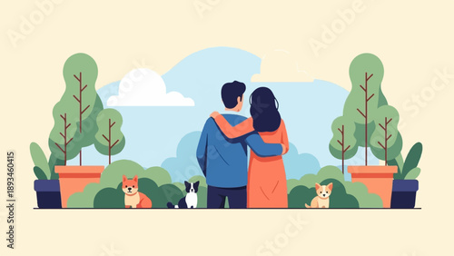 Couple with dogs and potted plants in a serene outdoor setting