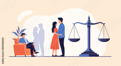 Couple therapy session with counselor and justice scales