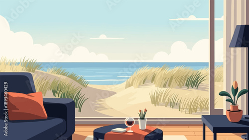 Cozy interior opens to sunny beach dunes and ocean vista