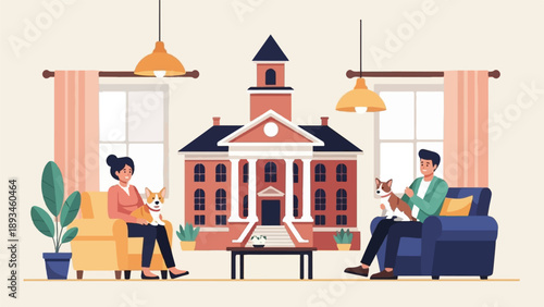 Couple with dogs relaxing in a cozy interior