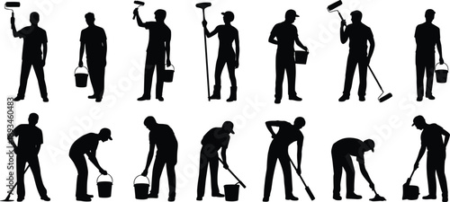 Cleaning worker silhouette collection with paint rollers, buckets, mops and tools, professional janitor poses, maintenance service figures, flat vector illustration